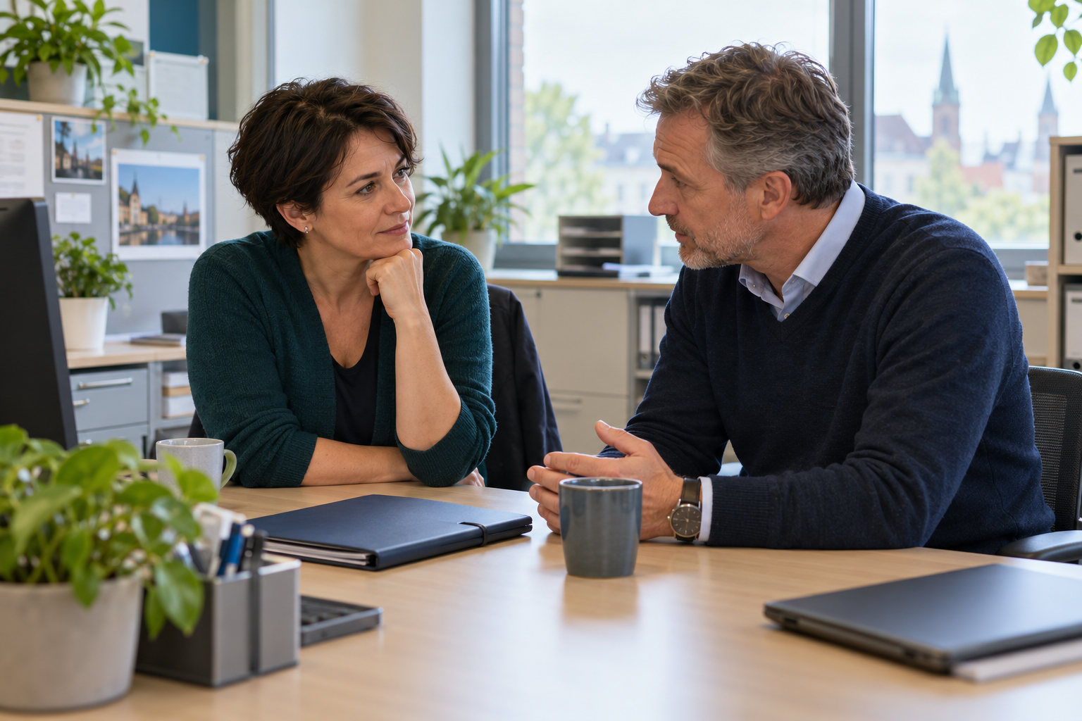 Zwei Kollegen besprechen in einem Beratungsbüro ruhig einen belastenden Arbeitstag