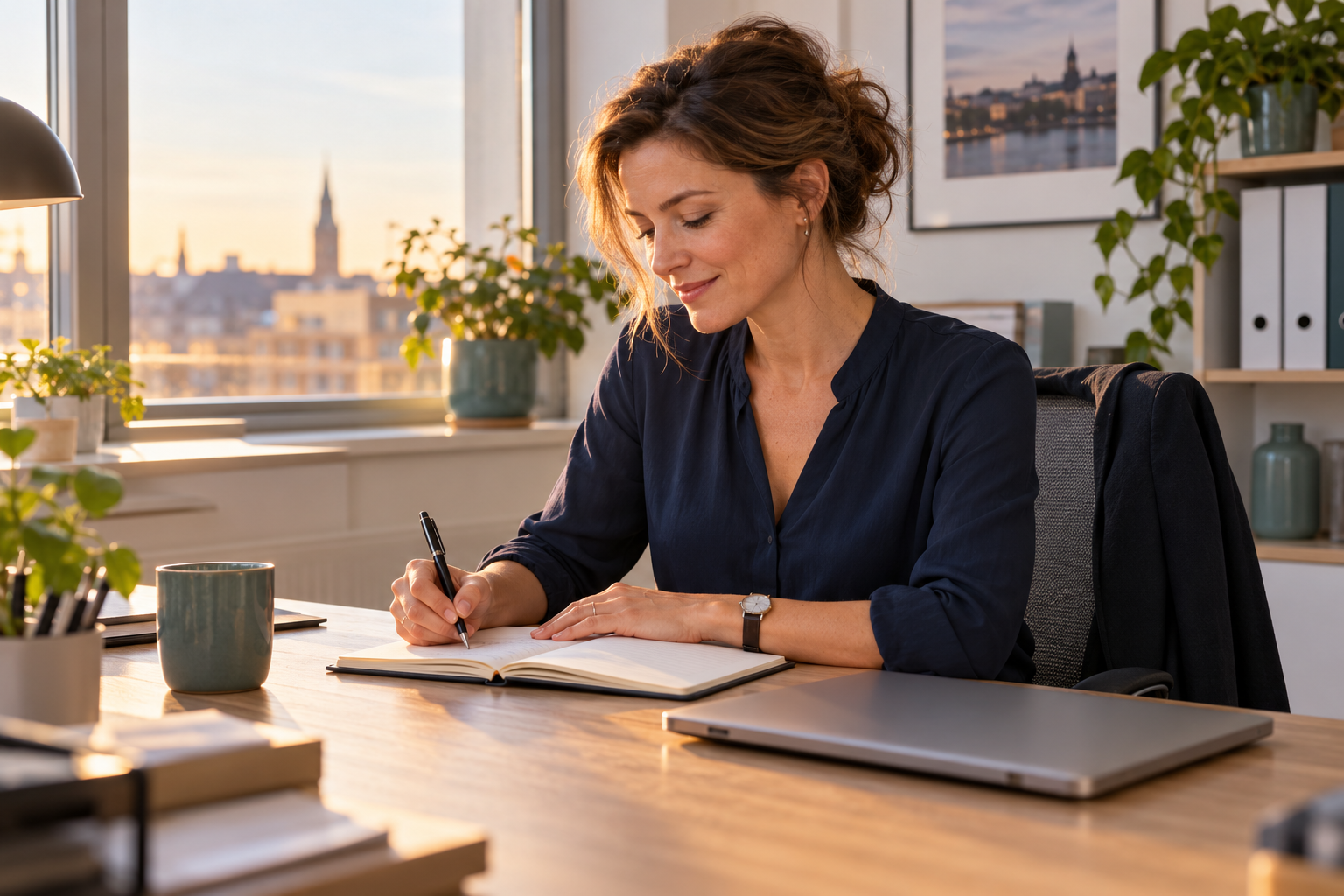 Eine Beschäftigte notiert vor Feierabend den nächsten Arbeitsschritt neben ihrem geschlossenen Laptop
