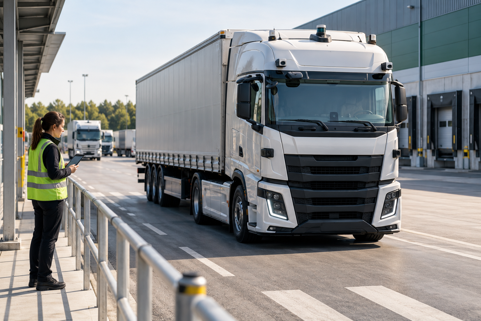 Symbolisches Szenario: autonomer Sattelzug in einem Logistikzentrum und eine Person mit Tablet hinter einer Schutzbarriere