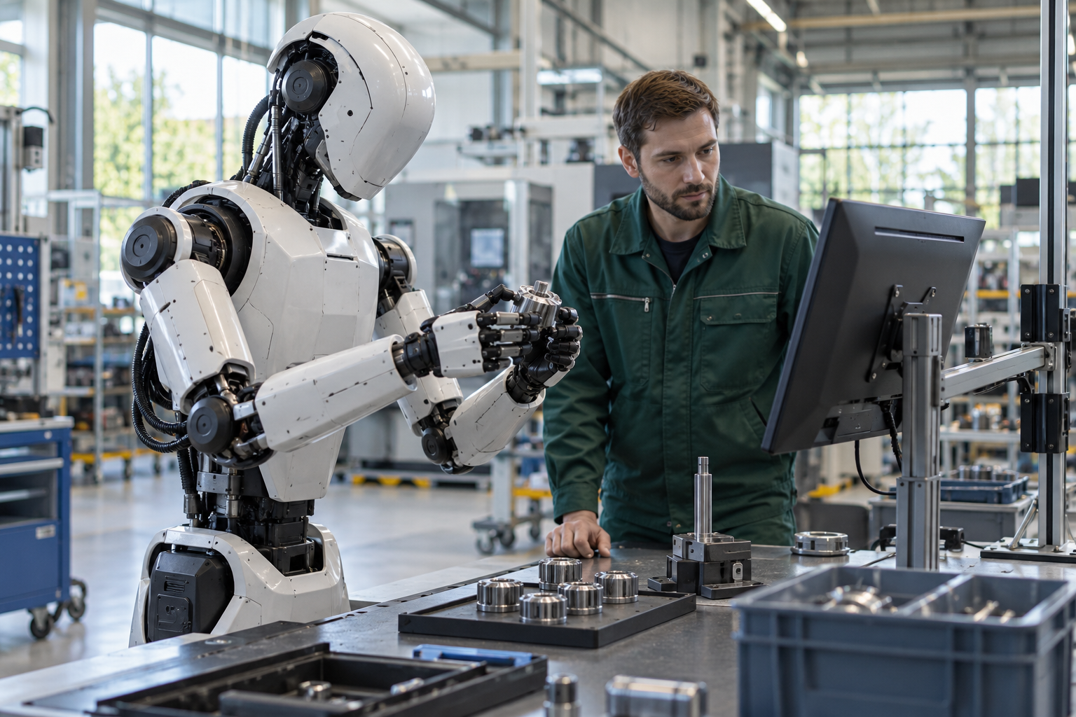 Symbolische Szene: humanoider Roboter handhabt ein Metallbauteil, eine Fachkraft begleitet die Qualitätsprüfung