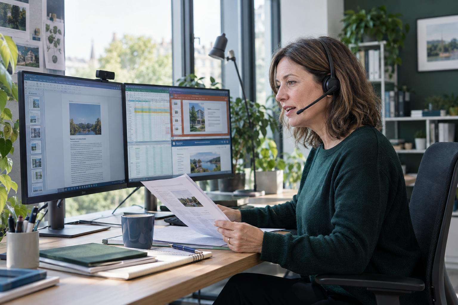 Symbolische Szene: Büroarbeit per Headset mit Dokumenten, Tabellen und Präsentationen auf zwei Monitoren