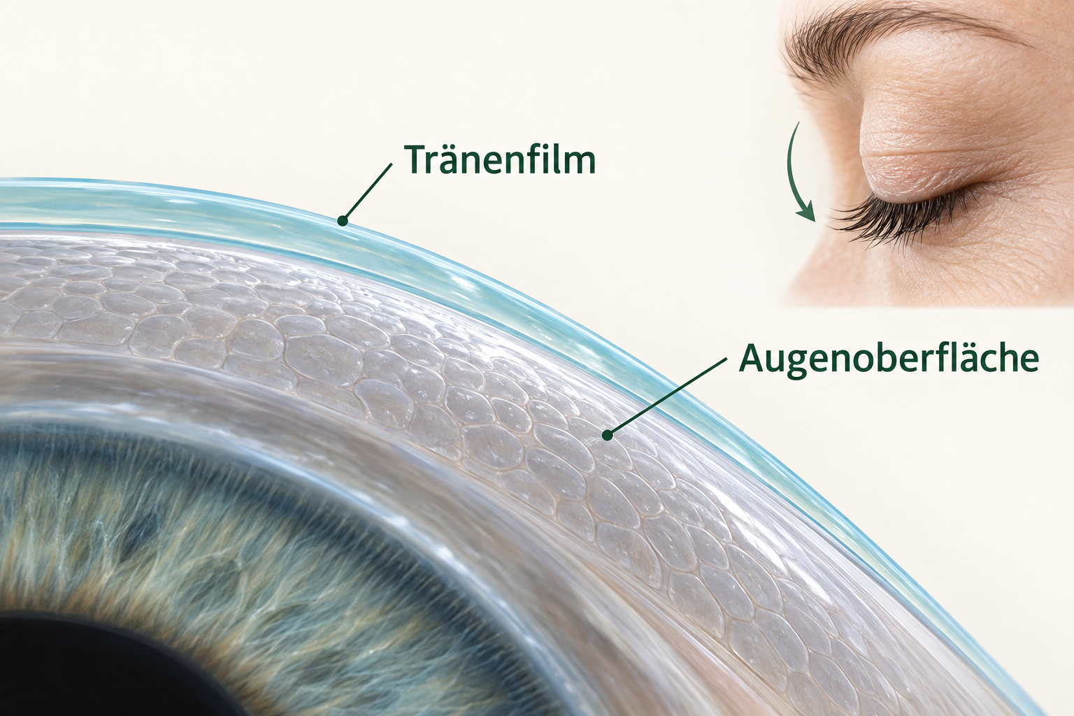 Vereinfachte Darstellung des Tränenfilms über der Augenoberfläche und des Blinzelns