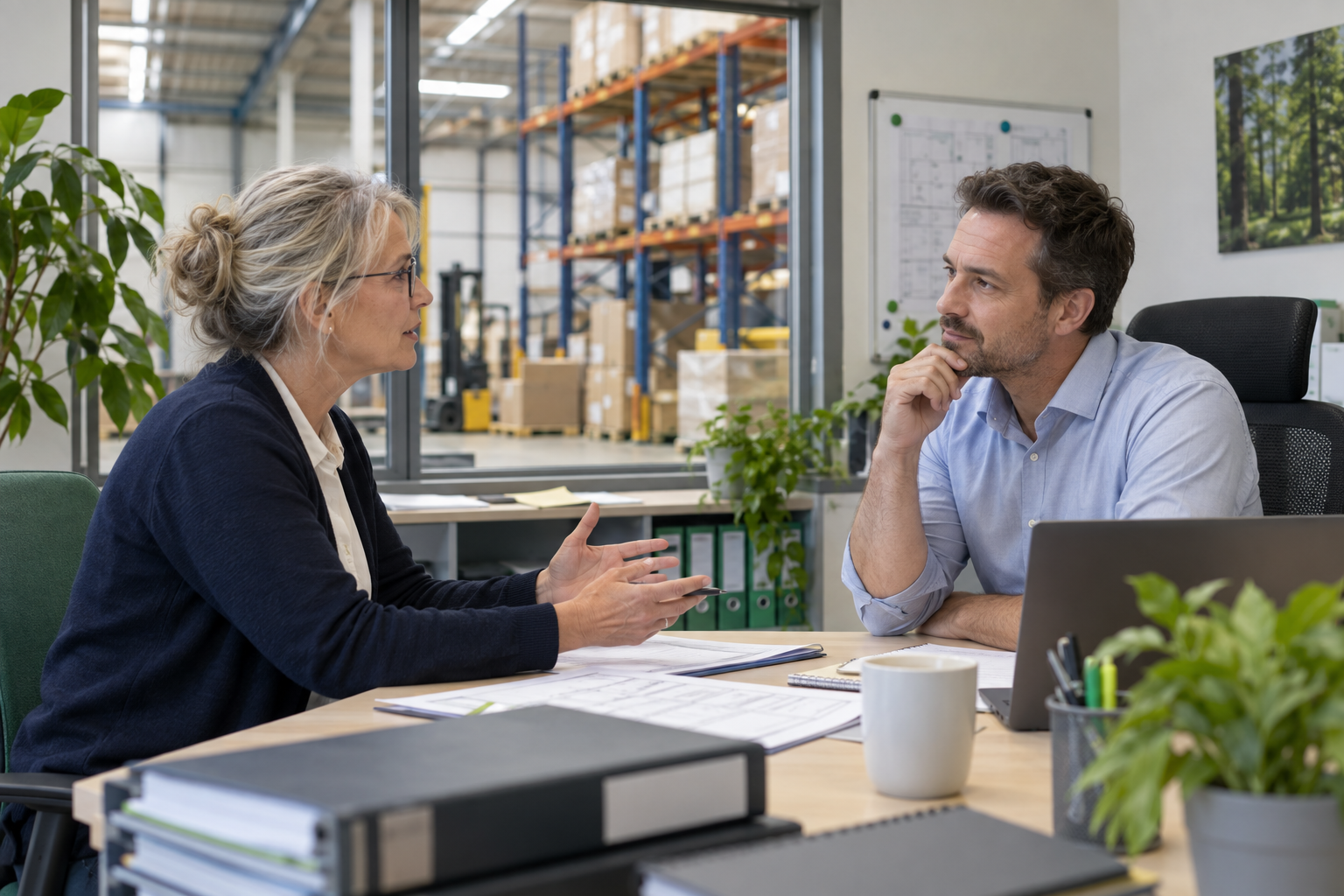 Eine Bewerberin und ein Personalverantwortlicher besprechen Aufgaben in einem Unternehmen