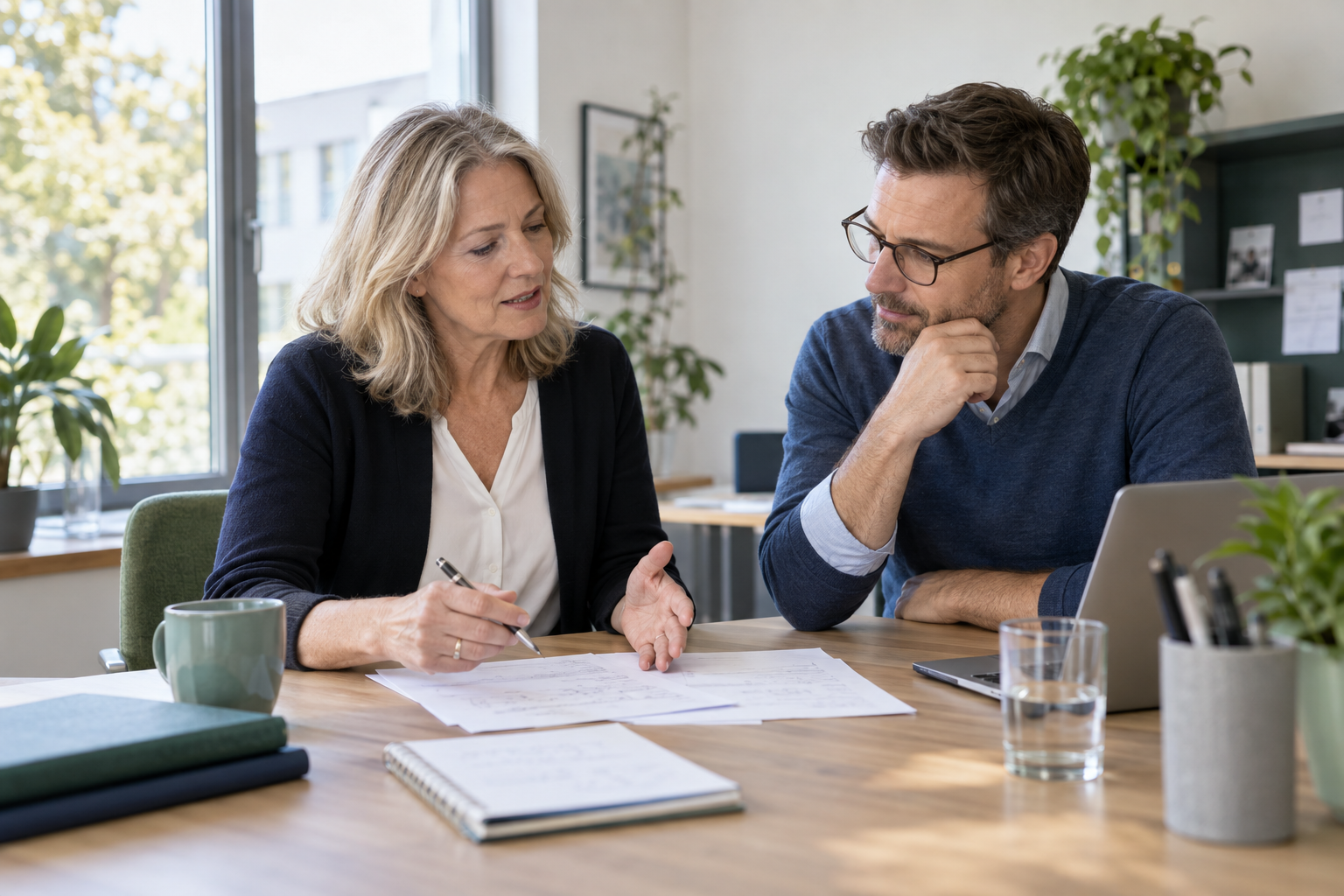 Eine erfahrene Bewerberin und ein Berater besprechen berufliche Aufgaben