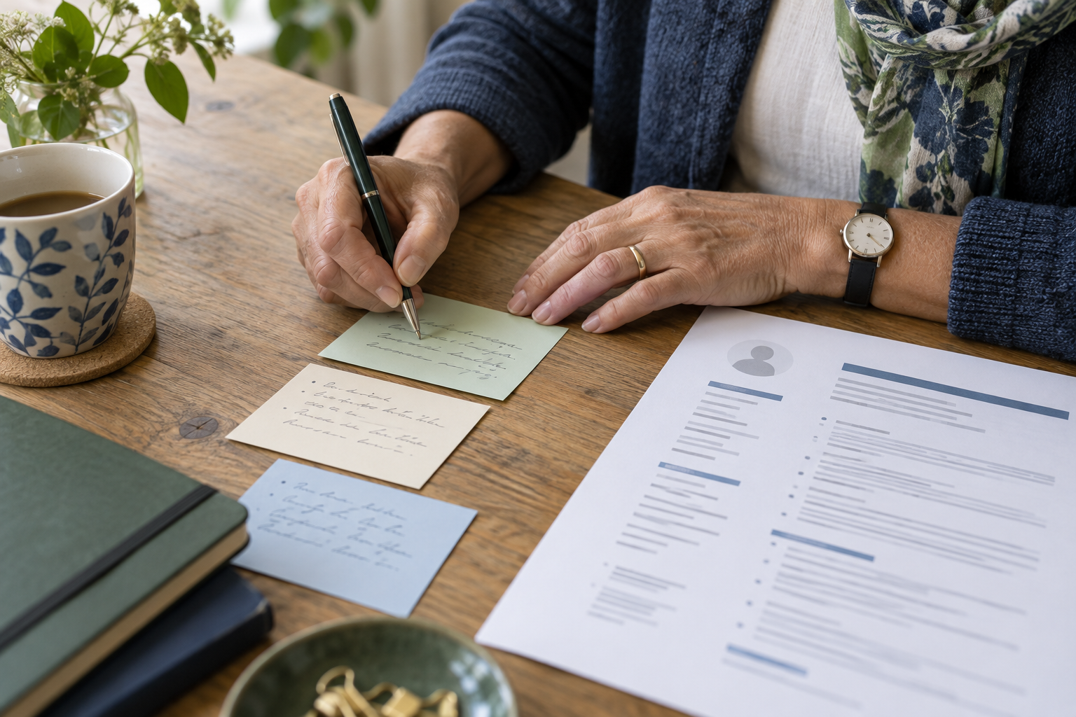 Eine erfahrene Bewerberin sammelt berufliche Kompetenzen auf Notizkarten