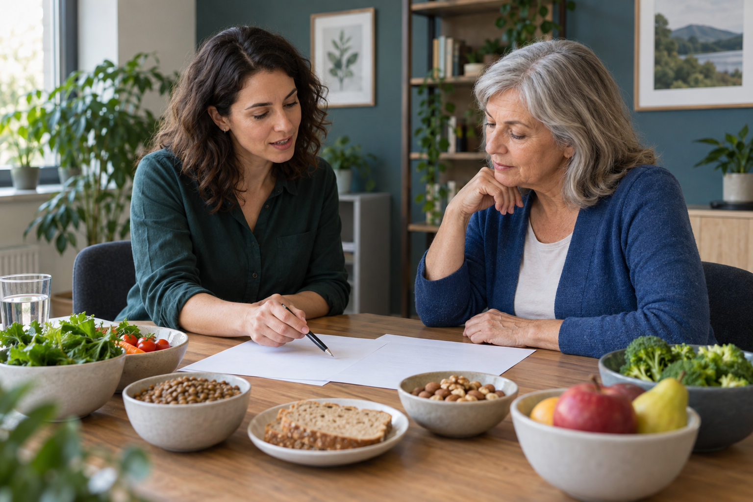 Zwei Erwachsene besprechen Unterlagen und Ernährungsgewohnheiten an einem Tisch