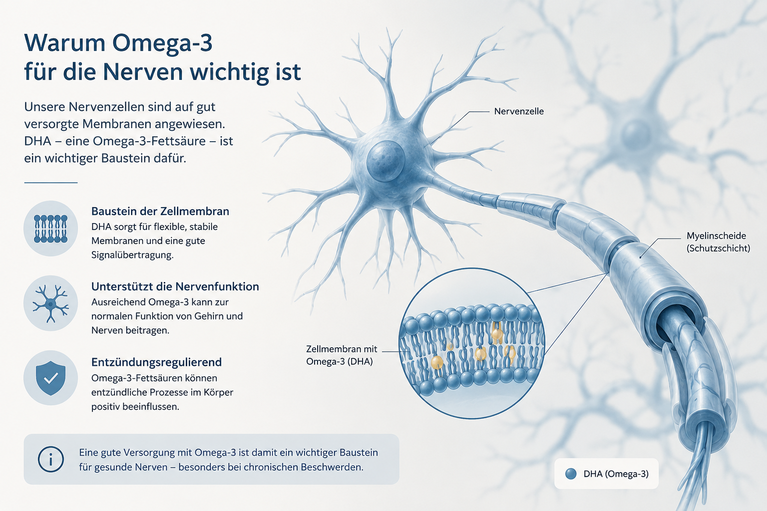 Fachgrafik einer Nervenzelle mit Myelinscheide und einer DHA-haltigen Zellmembran