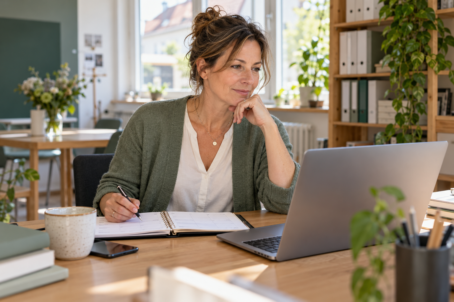 Eine Berufstätige plant ihren Arbeitstag mit Laptop und Kalender