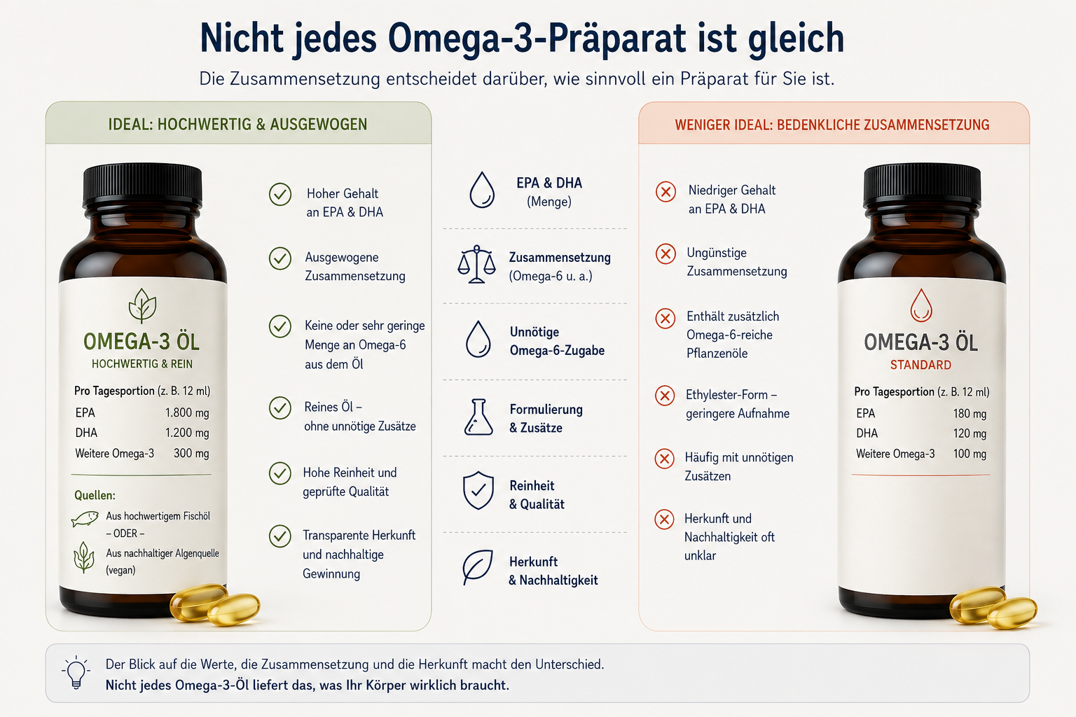 Neutrale Vergleichsgrafik zu Gehalt, Zusammensetzung, Reinheit und Herkunft von Omega-3-Präparaten