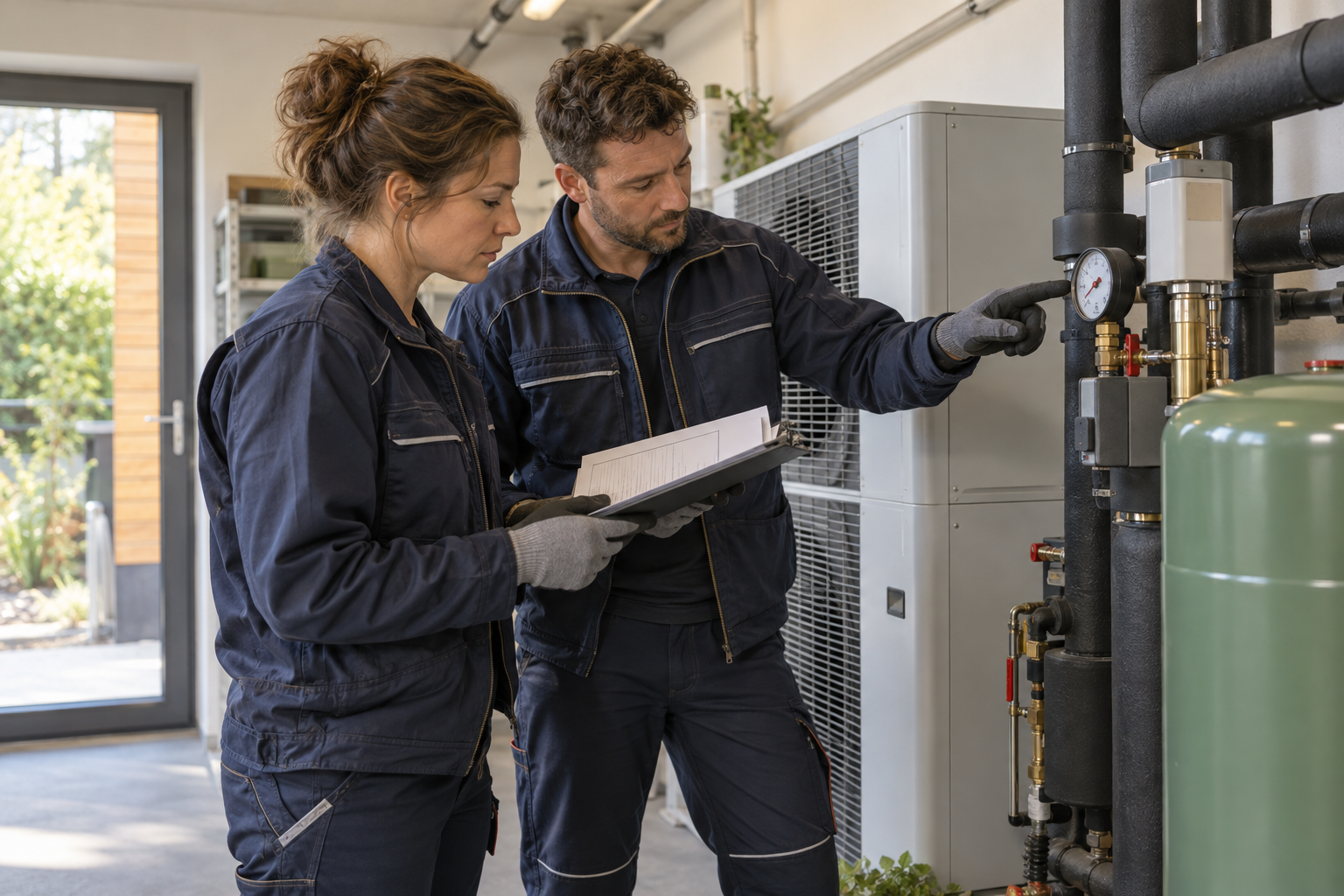 Eine Technikerin und ein Techniker prüfen gemeinsam eine Heizungsanlage