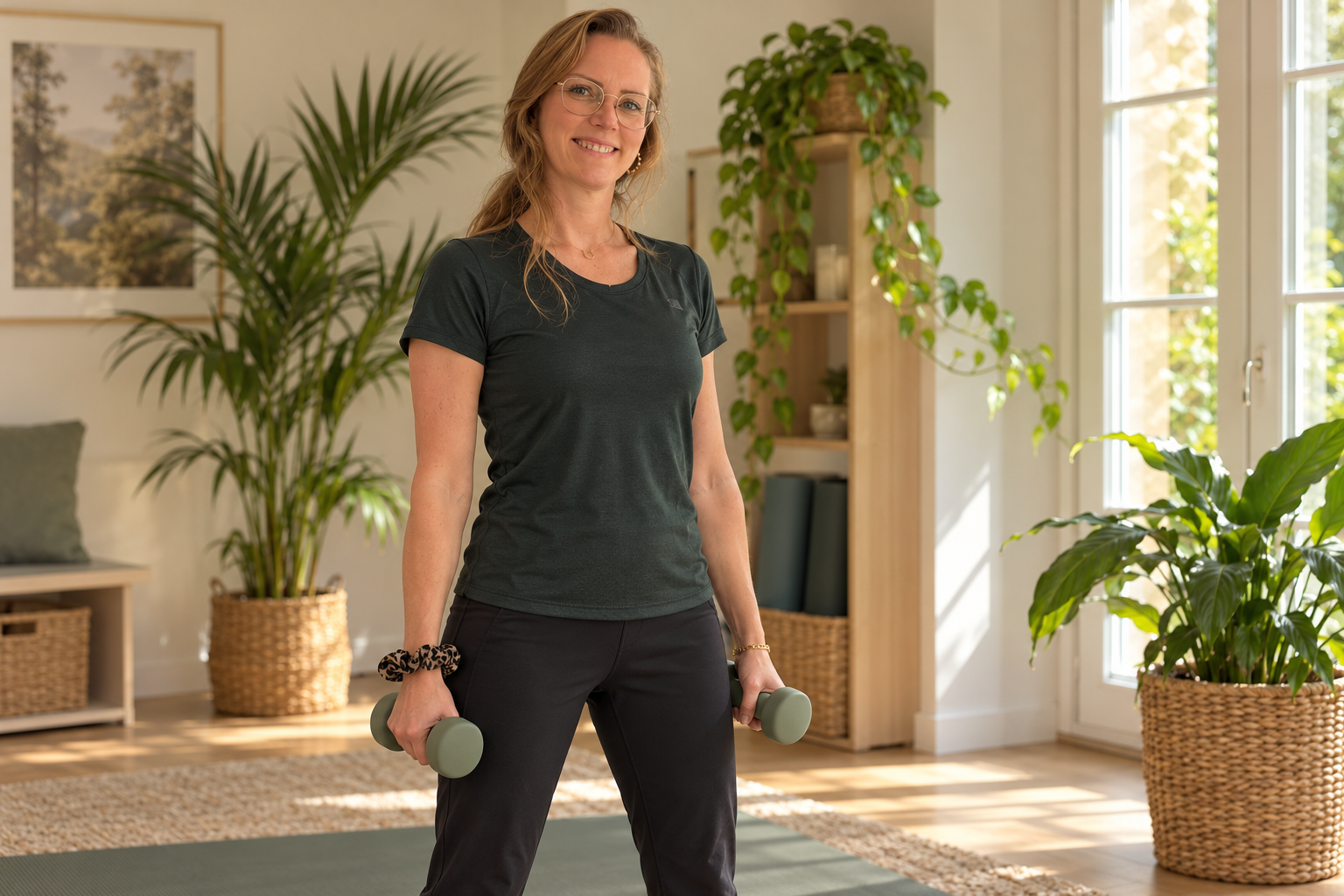 KI-generierte Darstellung von Sandra beim Krafttraining mit kleinen Hanteln