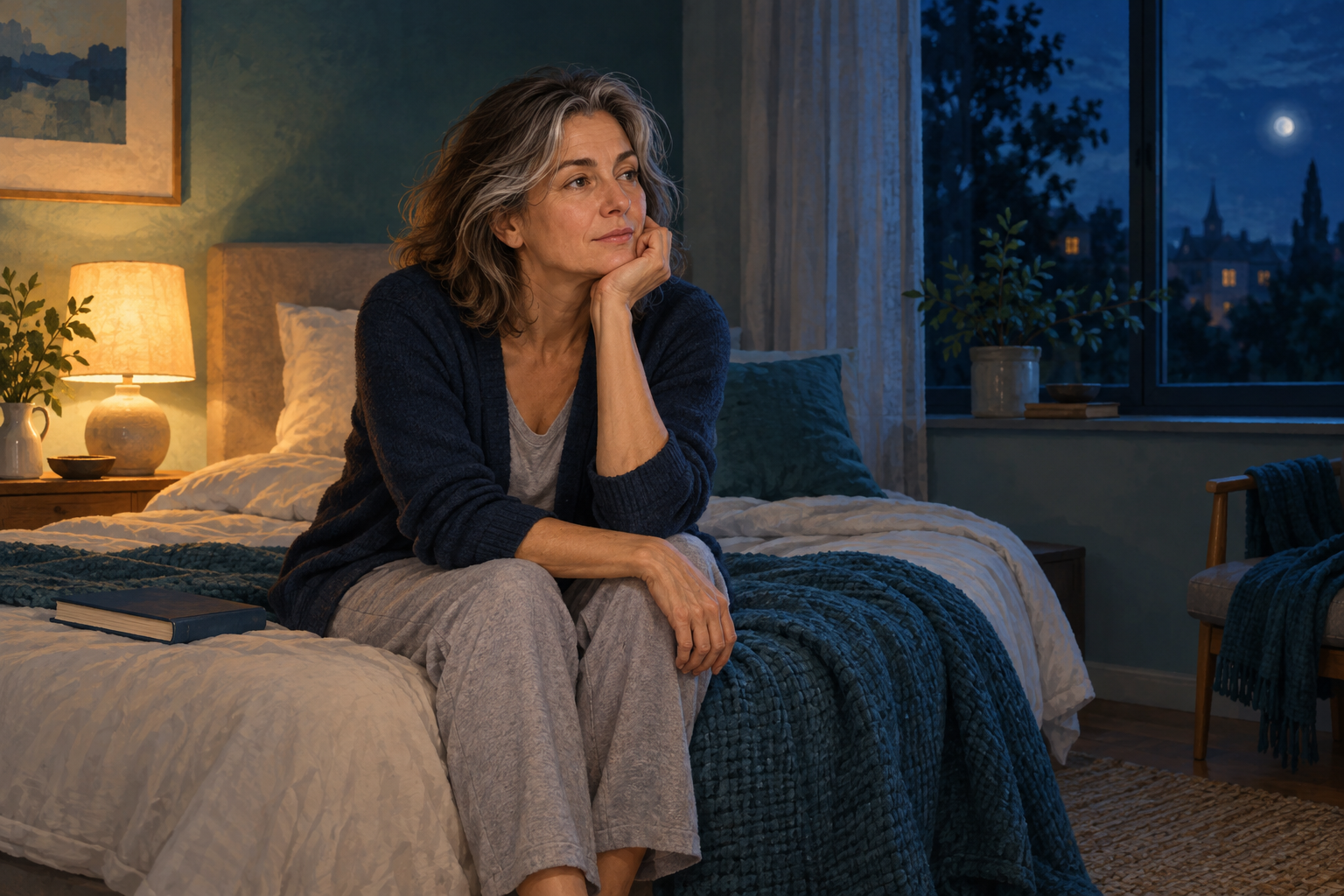 Eine müde, noch wache Frau sitzt am Abend auf ihrem Bett