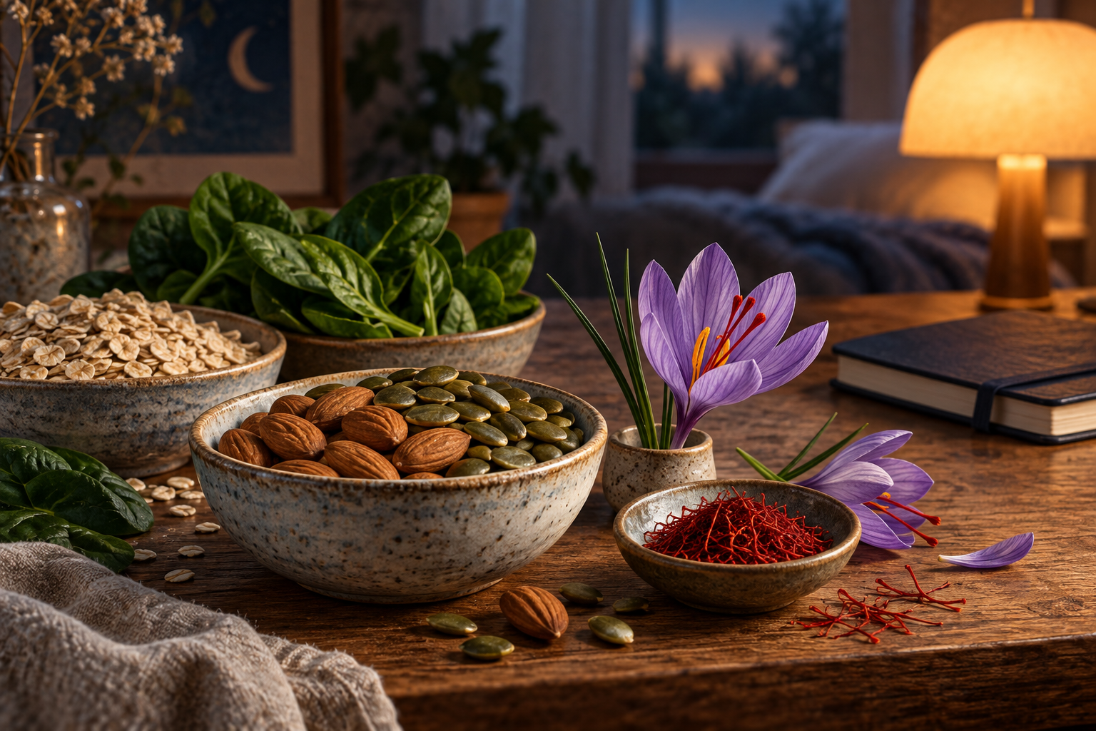 Illustration von Nüssen, Samen, Hafer und Spinat neben einer Safranblüte und roten Safranfäden