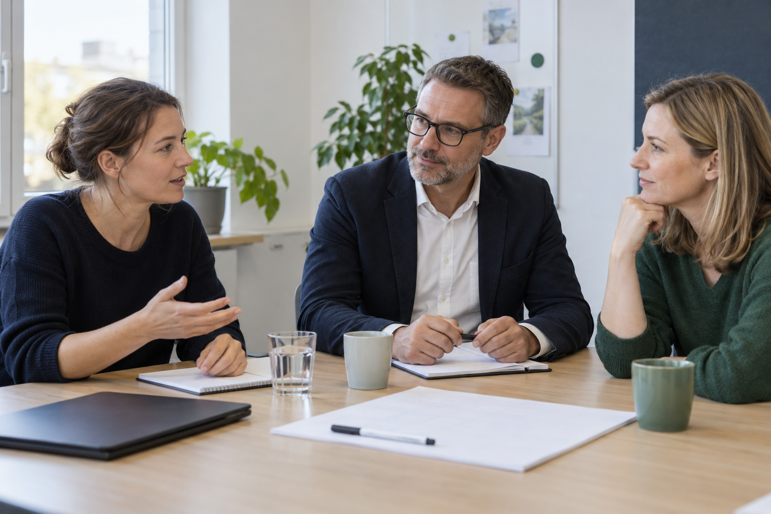Eine Kollegin spricht eine praktische Frage an, während zwei Kollegen aufmerksam zuhören