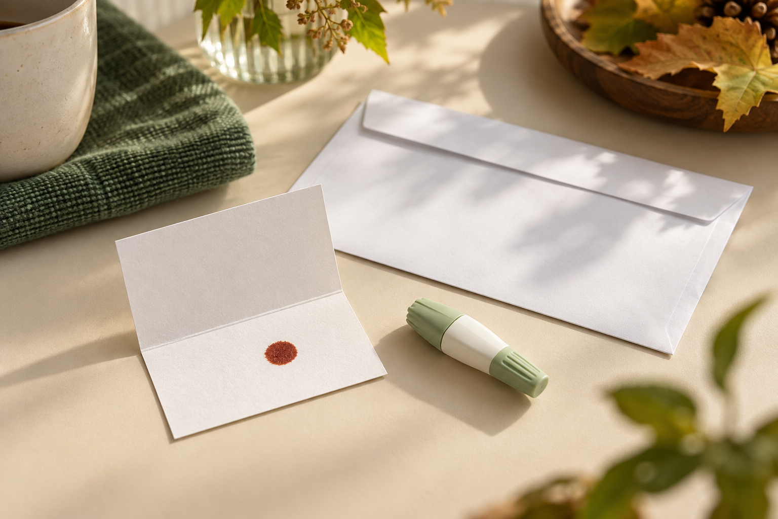 Neutrale Trockenblut-Probenkarte, Einmallanzette und Versandumschlag auf einem sauberen Tisch