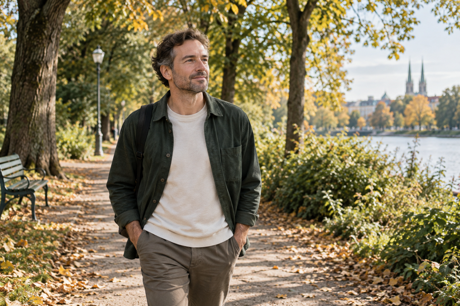 Berufstätige Person bei einem kurzen Spaziergang im herbstlichen Tageslicht