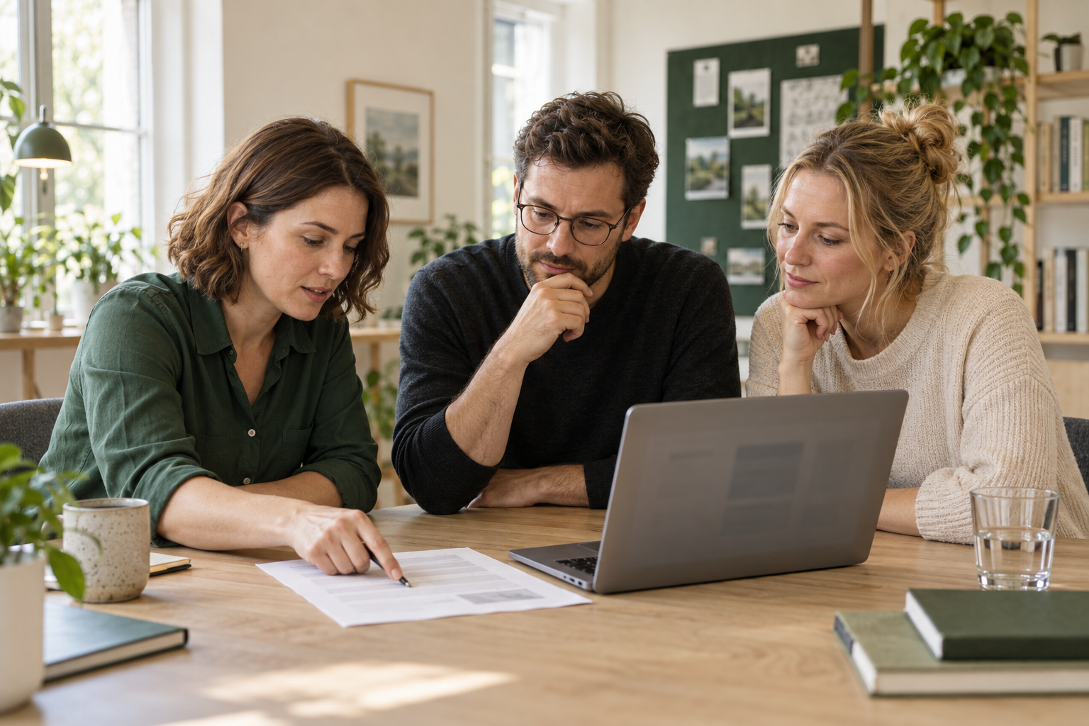 Drei Erwachsene vergleichen in einem Workshop Unterlagen mit einer Antwort am Laptop